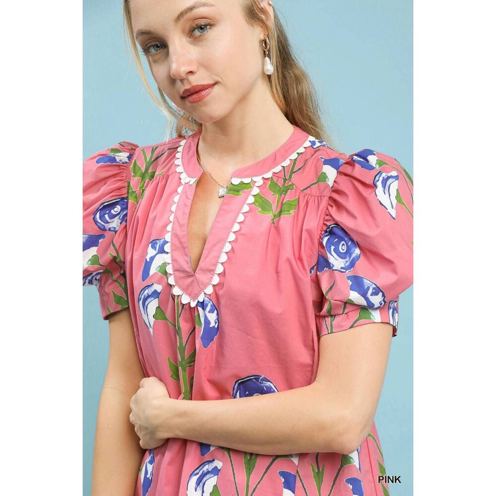 Umgee Floral Print Puff Sleeve A-Line Dress Pink w Blue Flowers Sz Medium - Picture 6 of 6